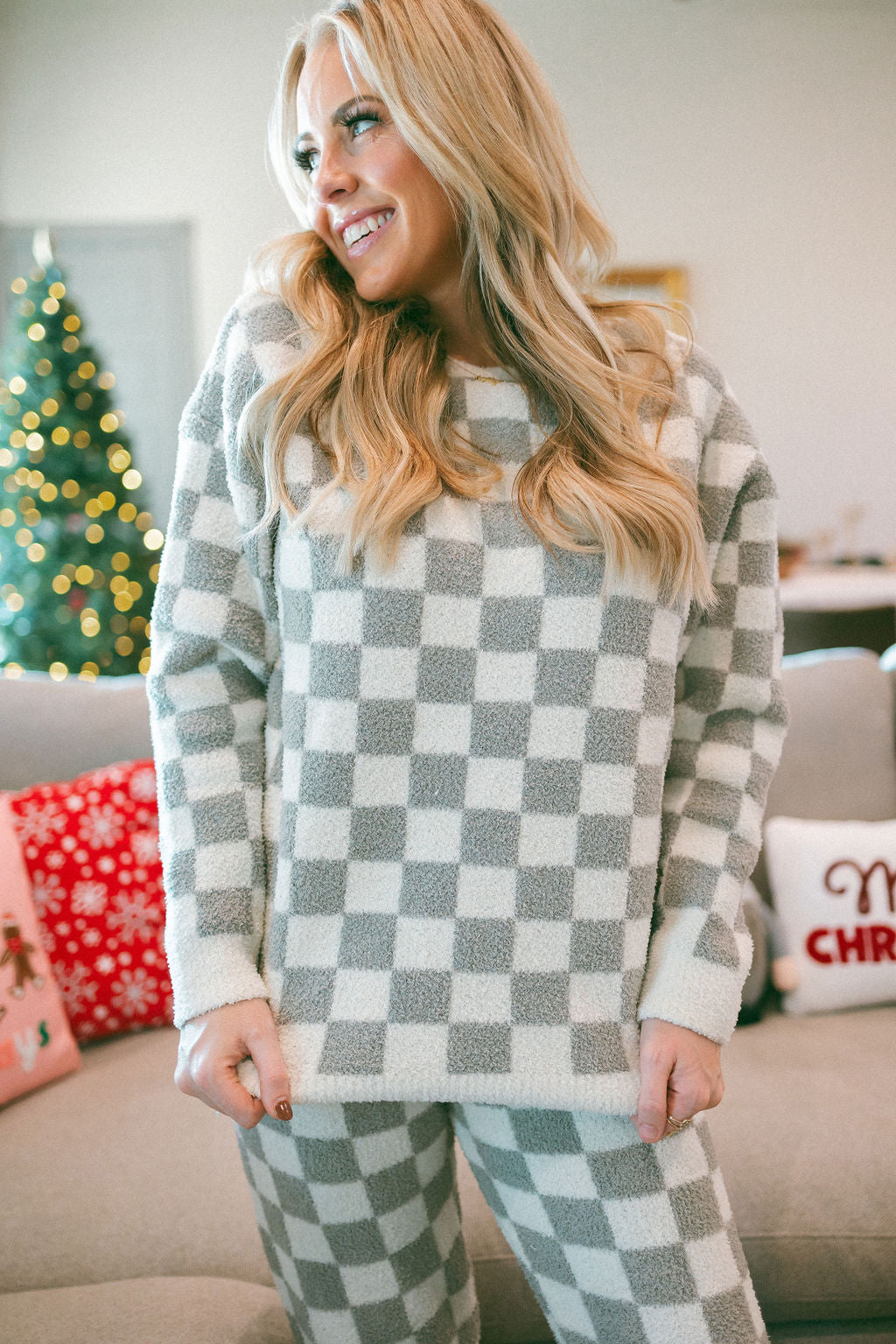 Checkered Pullover Sweater Lounge Pajama Top